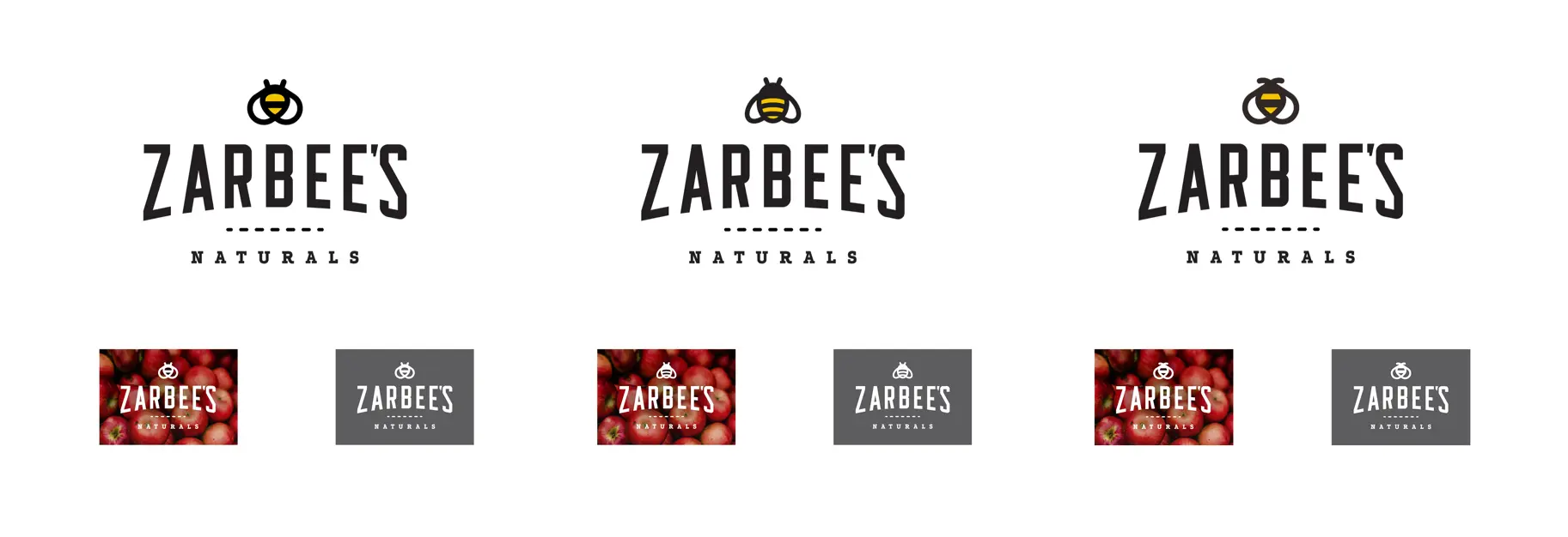 Three additional Zarbee's Naturals logo lockups refining the Buzzy bee icon placement and proportions — variations in bee detail and wing style with consistent bold serif typography, each shown at full size and small-scale applications.