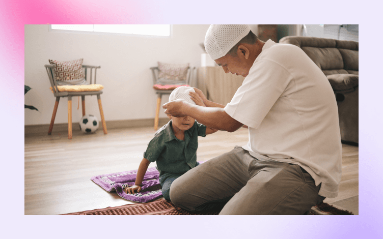 Adult assisting a young child, symbolizing the practice of starting religious education and prayer habits at a young age.