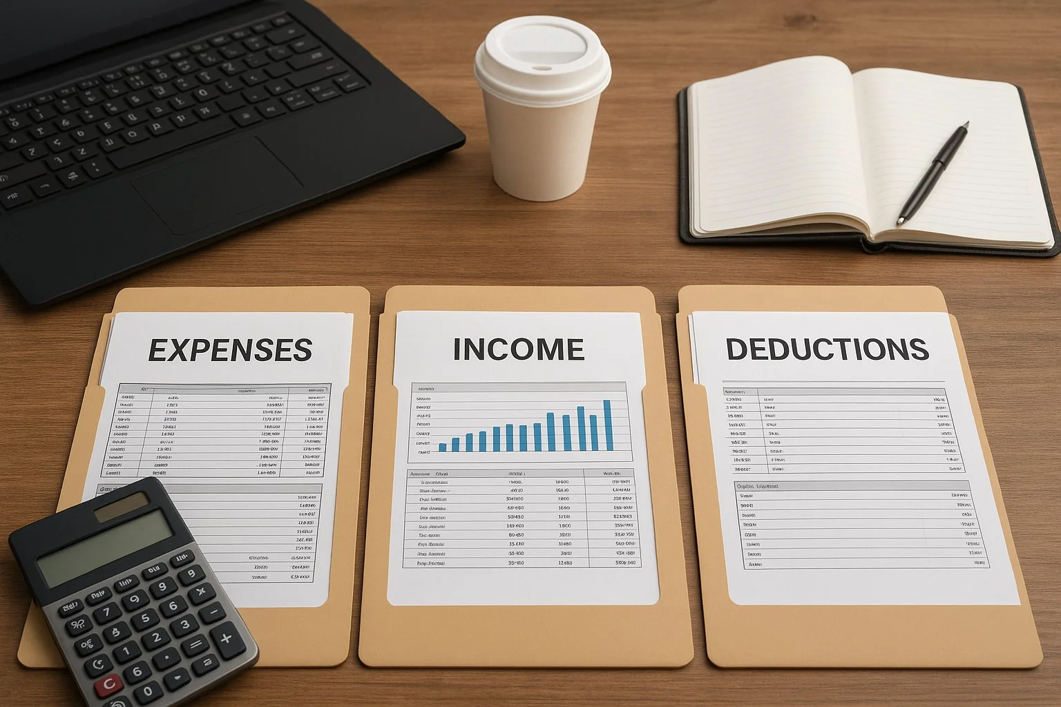 Workspace with financial records organized into labeled folders for expenses, income, and deductions, showing clear separation and order.