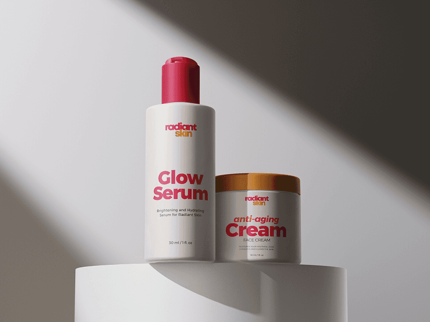 Product Design for Radiant Skin anti-aging cream and glow serum. Skincare product packaging design in soft tones and clean lines, combining elegance with functionality for a premium beauty brand.