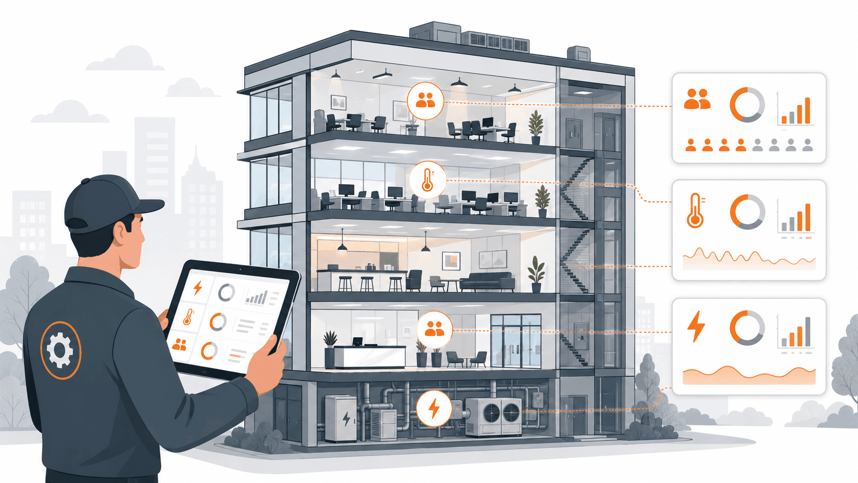 Facilities worker monitoring a smart building dashboard on a tablet, with a building cross-section showing live energy, temperature, and occupancy data across floors.