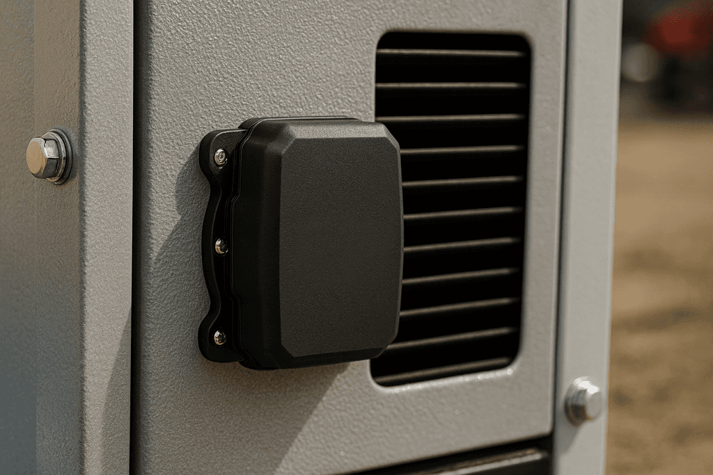 GPS tracking device attached to industrial equipment for real-time tool and asset monitoring.