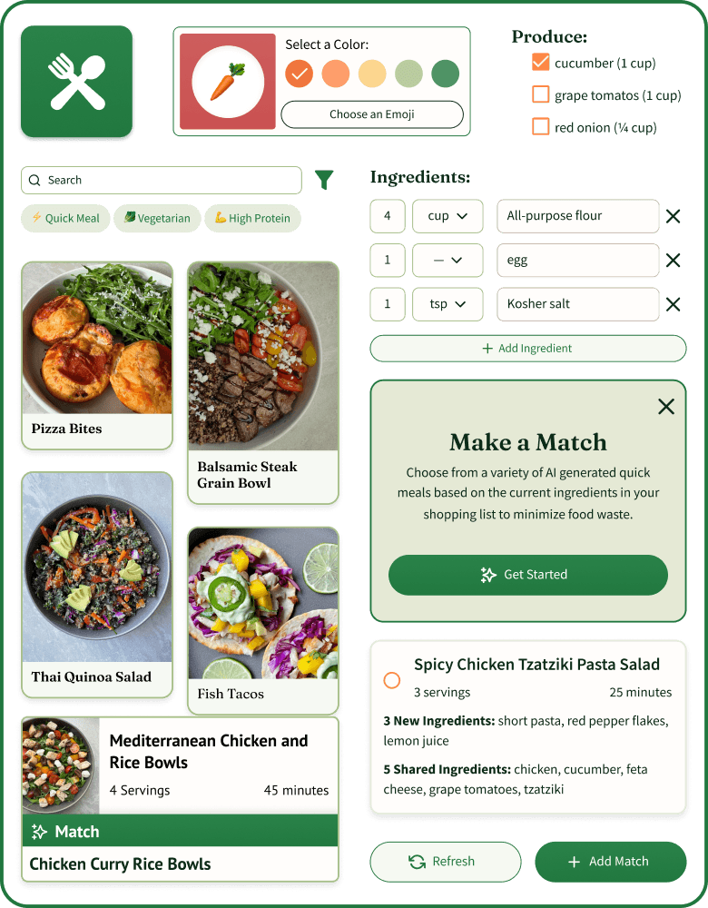 Digital food recipe app interface with meal options and ingredient matching features.