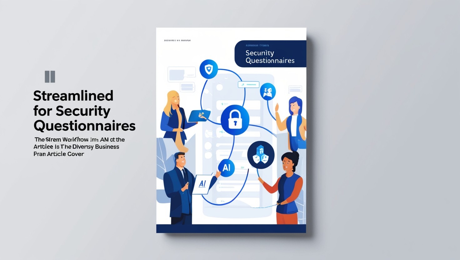 Illustration of a streamlined security questionnaire process featuring security icons, AI and automation symbols, and collaborative team members working together efficiently.