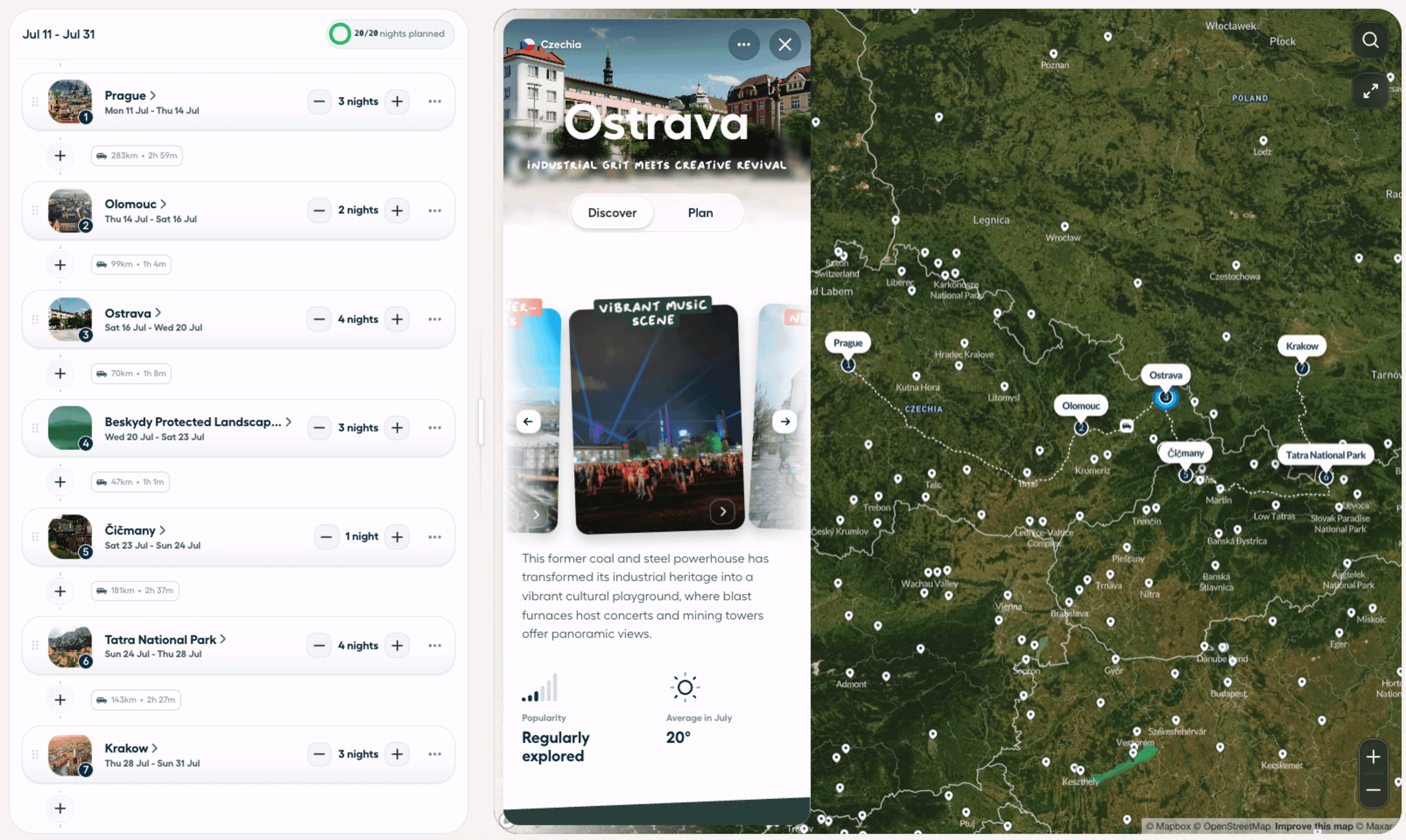Polarsteps Trip Planner showing a multi-stop route through Czechia, Slovakia, and Poland, with itinerary details alongside destination recommendations and an interactive map.