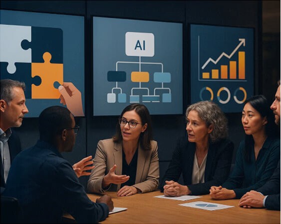 Business professionals in a meeting discussing AI strategy with digital displays showing puzzle pieces, AI hierarchy diagram, and performance charts in the background.