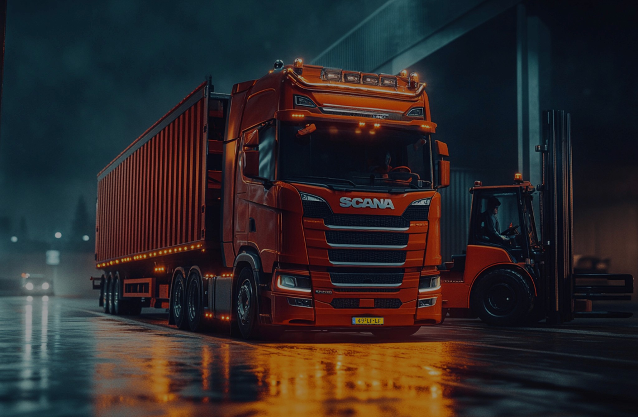 Orange truck that stands in front of an open warehouse. It is dark and raining. 