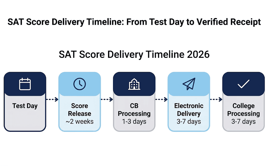 SAT score delivery timeline from test day to college receipt in 2026. Shows College Board processing, electronic delivery, and applicant portal checks.