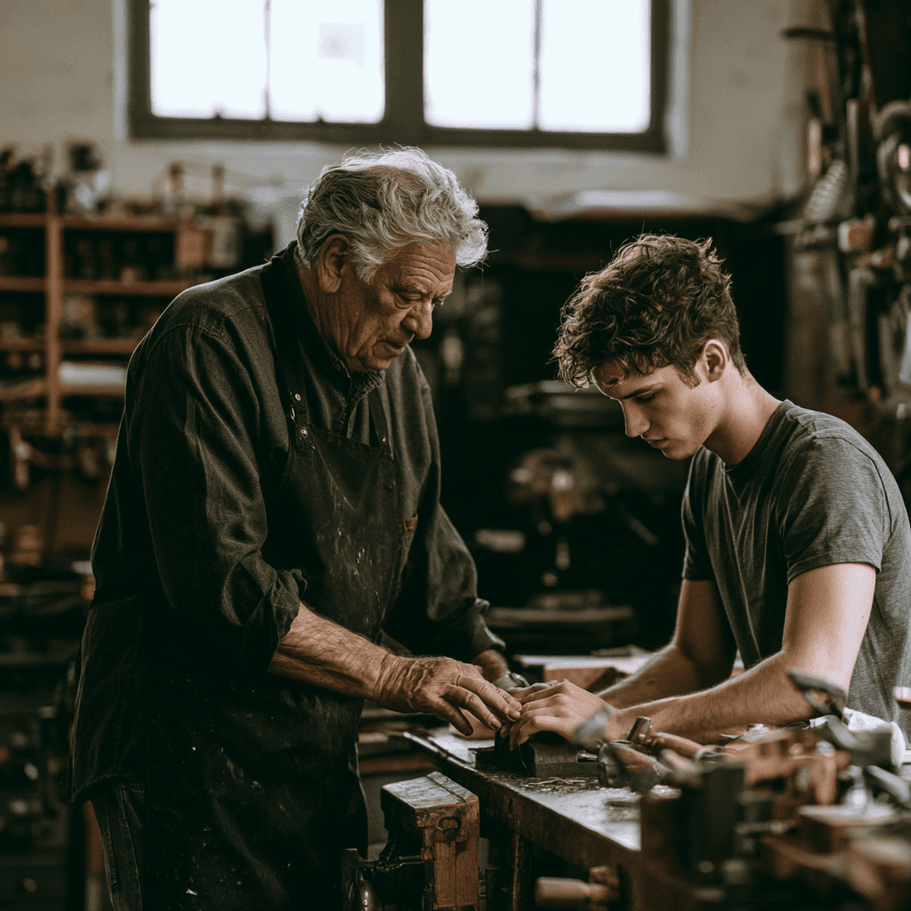 An older tradesman showing a younger man how to use a tool in a workshop
