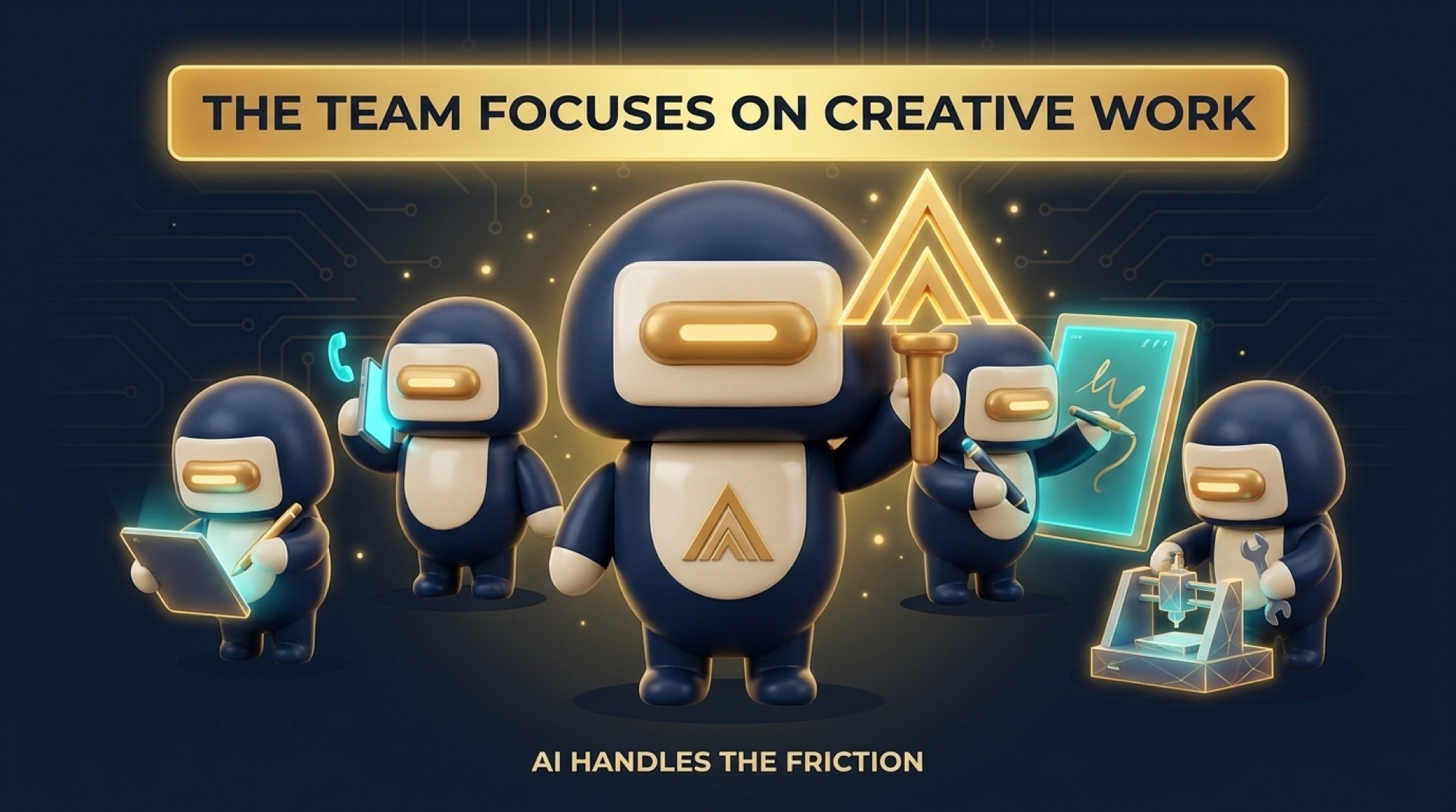 Five beans in a hero pose, leader bean holding a glowing chevron emblem, under a banner reading THE TEAM FOCUSES ON CREATIVE WORK