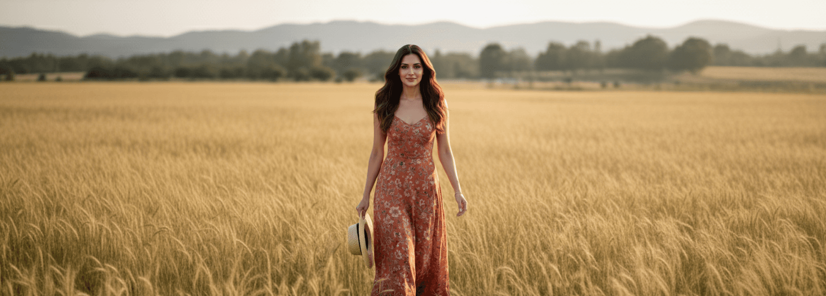 Photorealistic AI virtual influencer walking through a sunlit field, showcasing AI content creation capabilities.