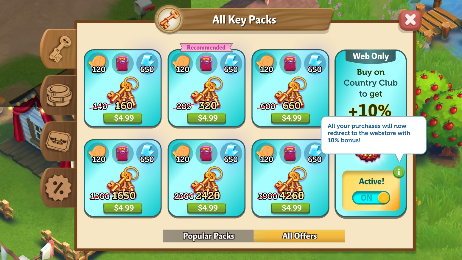 Toggle on: a tooltip explains the bonus