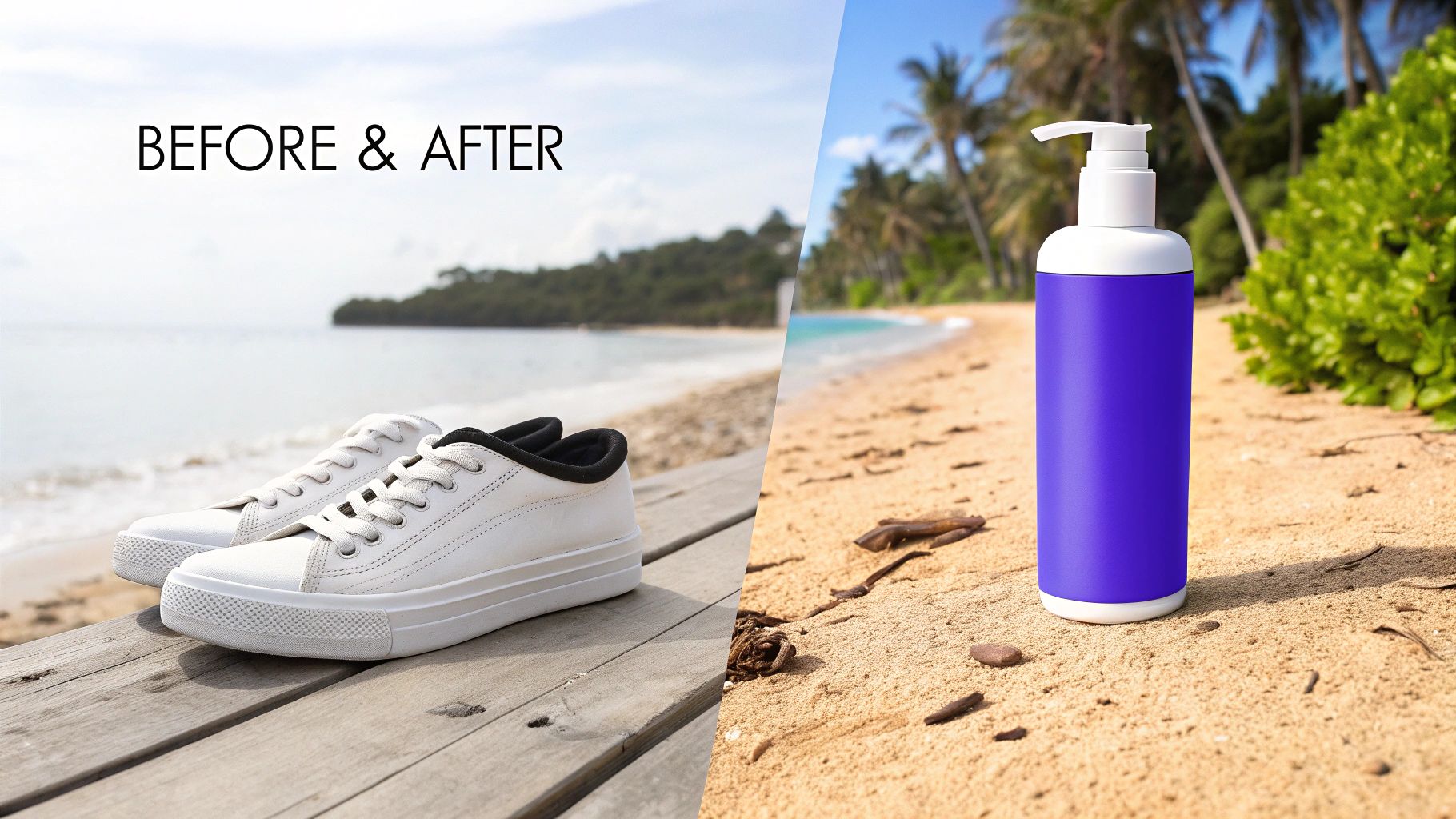 Before & after image showing white sneakers on a pier and a purple lotion bottle on a beach.