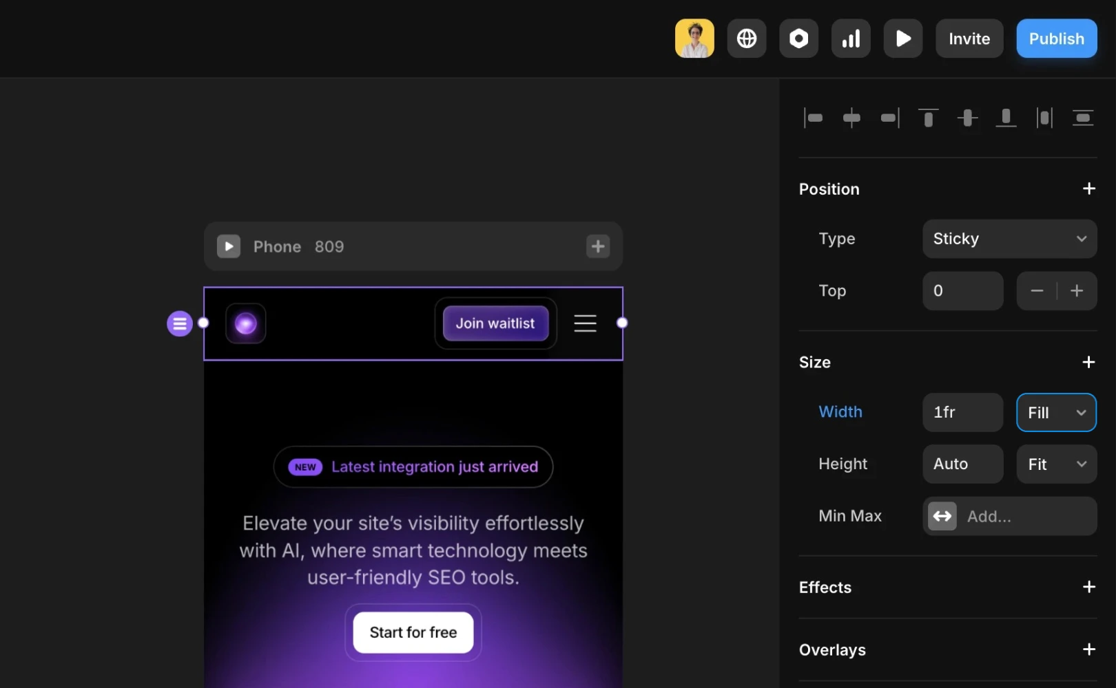 Framer 모바일 페이지의 고정 폭을 px 단위 대신 100% 또는 1fr로 변경하여 화면 크기에 따라 자동으로 조정할 수 있게 수정하는 화면입니다.