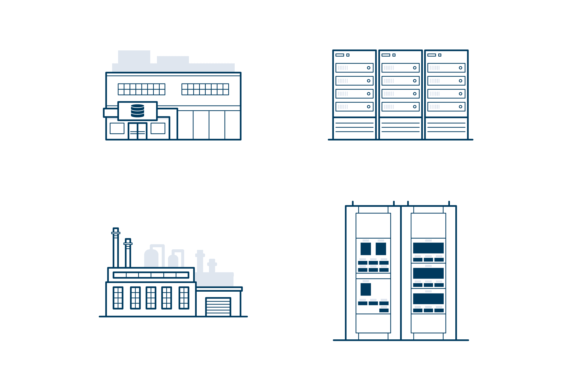 4 pictograms arranged 2 by 2. They depict a data center building, data center servers, a factory, and panels for products