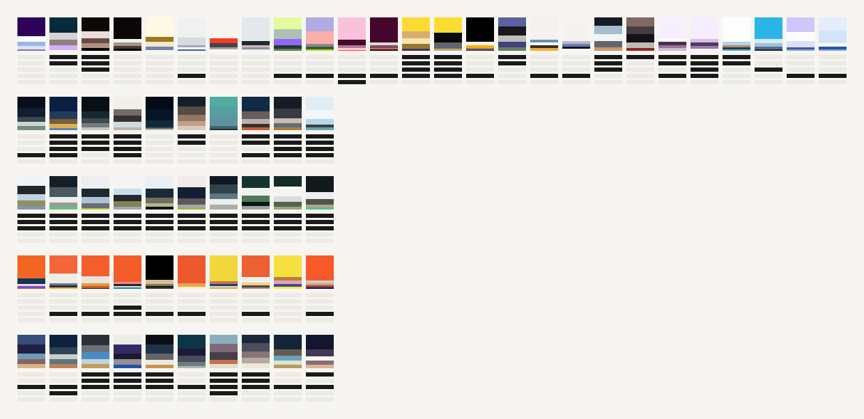 Five rows of color strips. The first, twenty-six strips, mixes purples, whites, yellows and blues; the four ten-strip rows beneath are each one color: navy, navy, orange, navy.