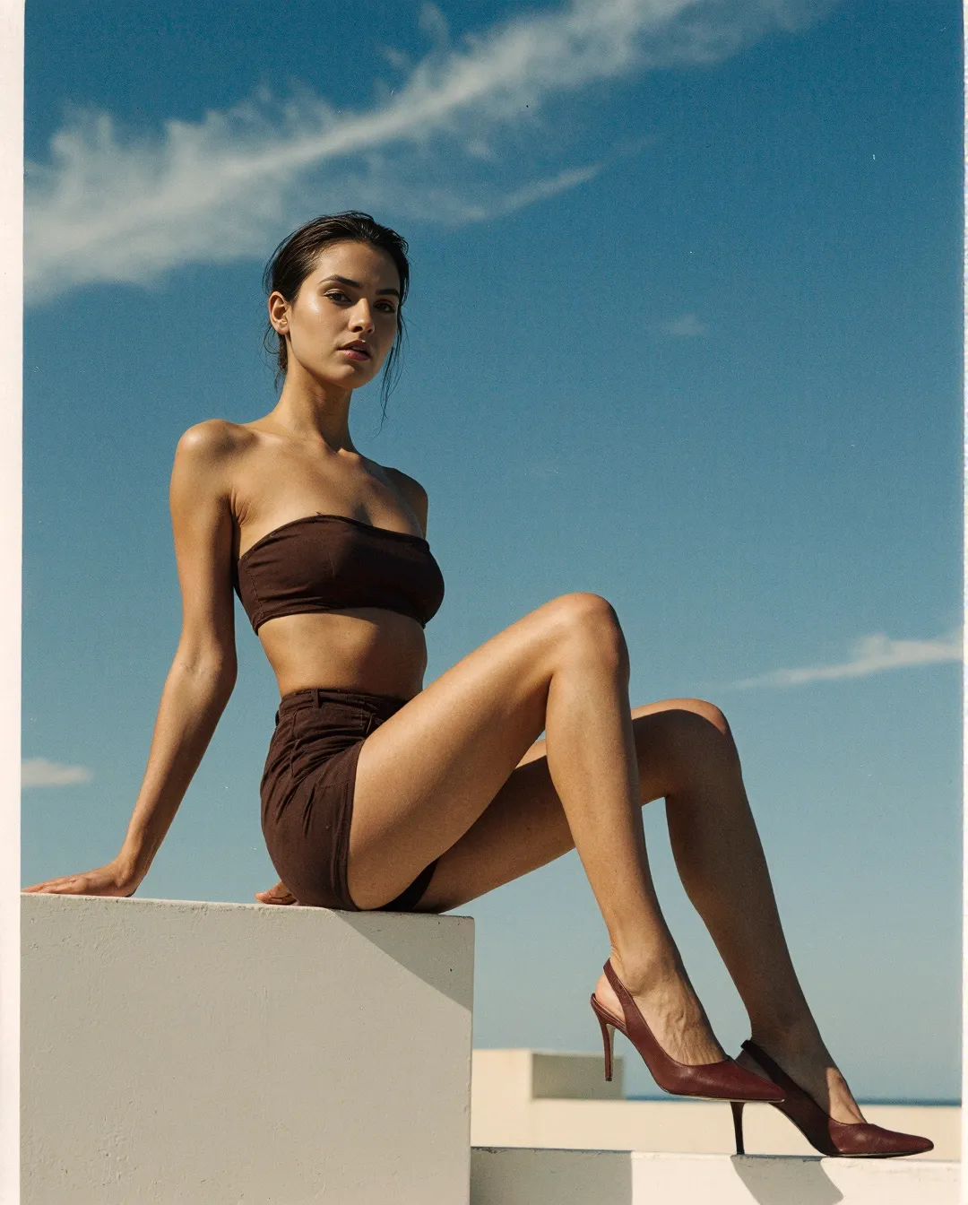 Fashion editorial featuring brown two-piece outfit and matching heels against blue sky, showcasing minimalist summer elegance.