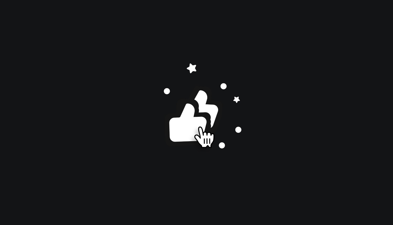 White 'like' icon with a hand cursor and decorative stars on a black background