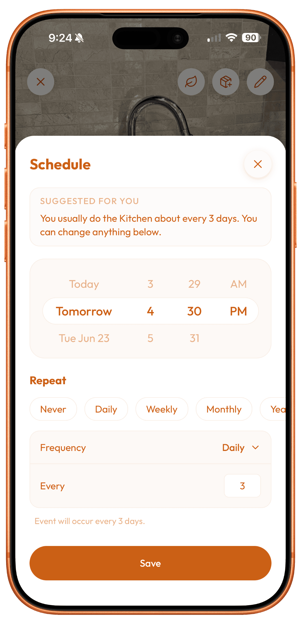 Plastnofy chore detail screen showing a sustainable way to clean a chore on iPhone