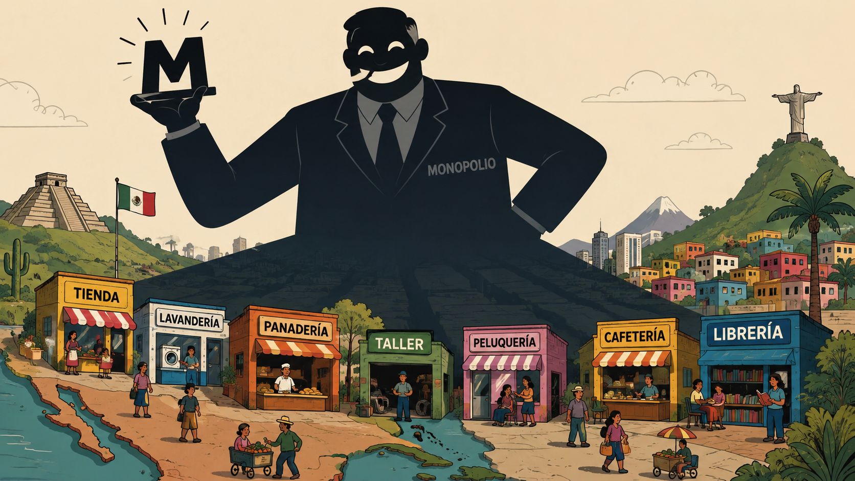 Ilustración de un gigante corporativo representando un monopolio que domina pequeños negocios y comercios locales en México.
