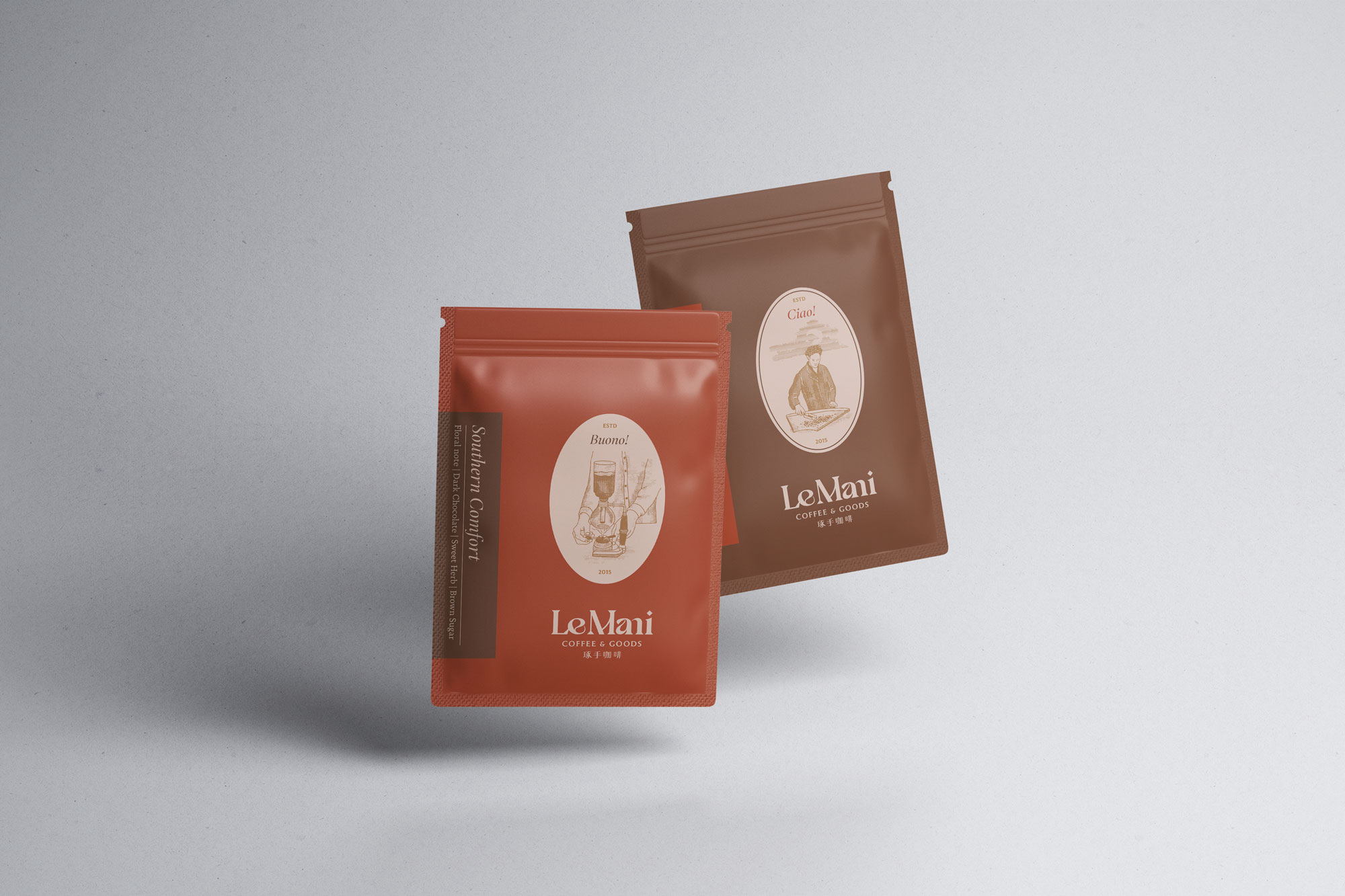 這張圖片展示了兩款Le Mani咖啡豆包裝,分別為紅色和咖啡色。包裝上有手繪插畫風格的人物圖案,富有復古的感覺。