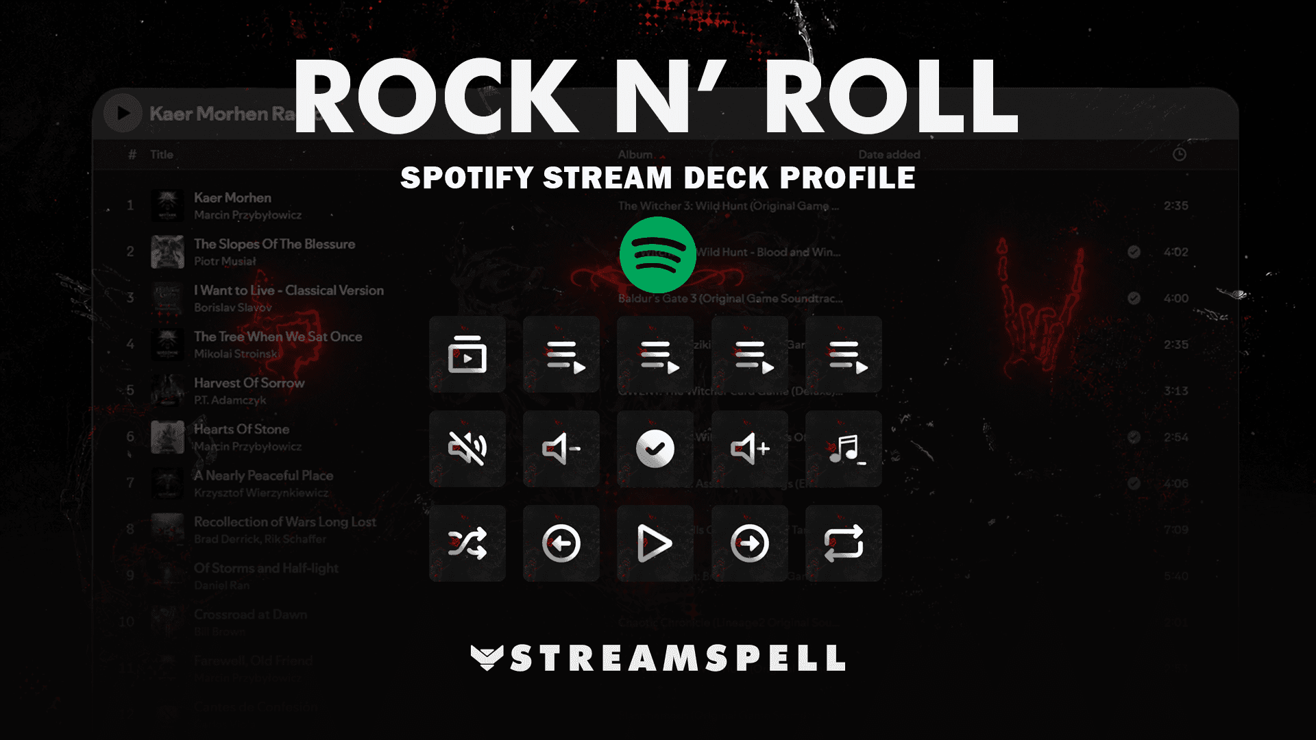 Rock n Roll Spotify Stream Deck Profile cover with dark rock-and-roll Spotify controls and red accents