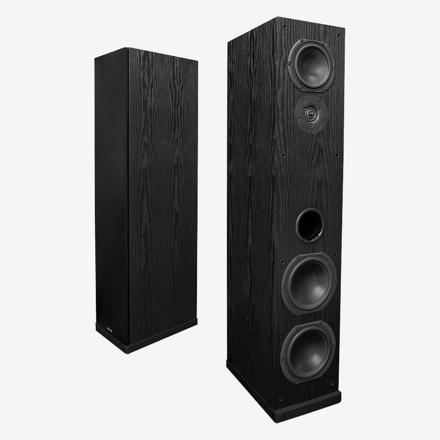 Black tower speakers with wood grain finish