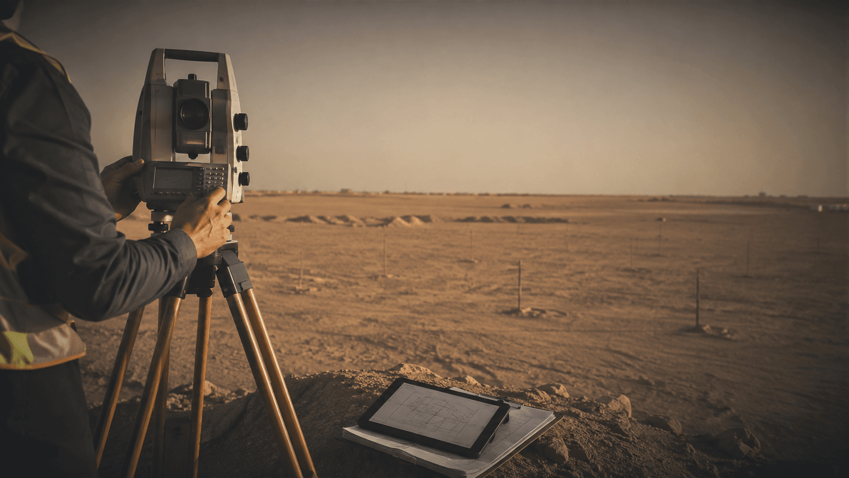 مهندس مساحة يستخدم جهاز محطة رصد ميدانية لاستخراج قرار مساحي لأرض في الرياض