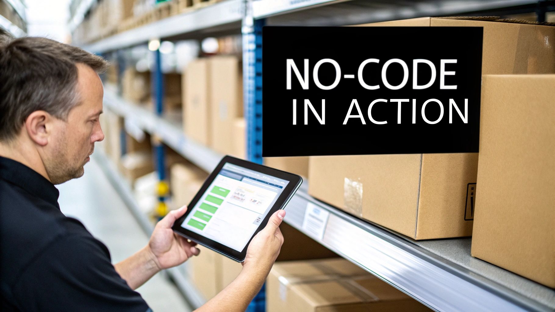 Man in a warehouse using a tablet with a no-code application for inventory management.