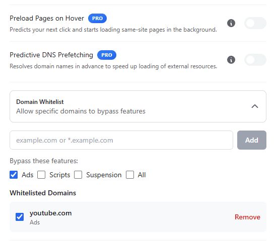 SuperchargeBrowser UI  showing preload pages on hover and predictive dns prefetching settings with whitelist feature