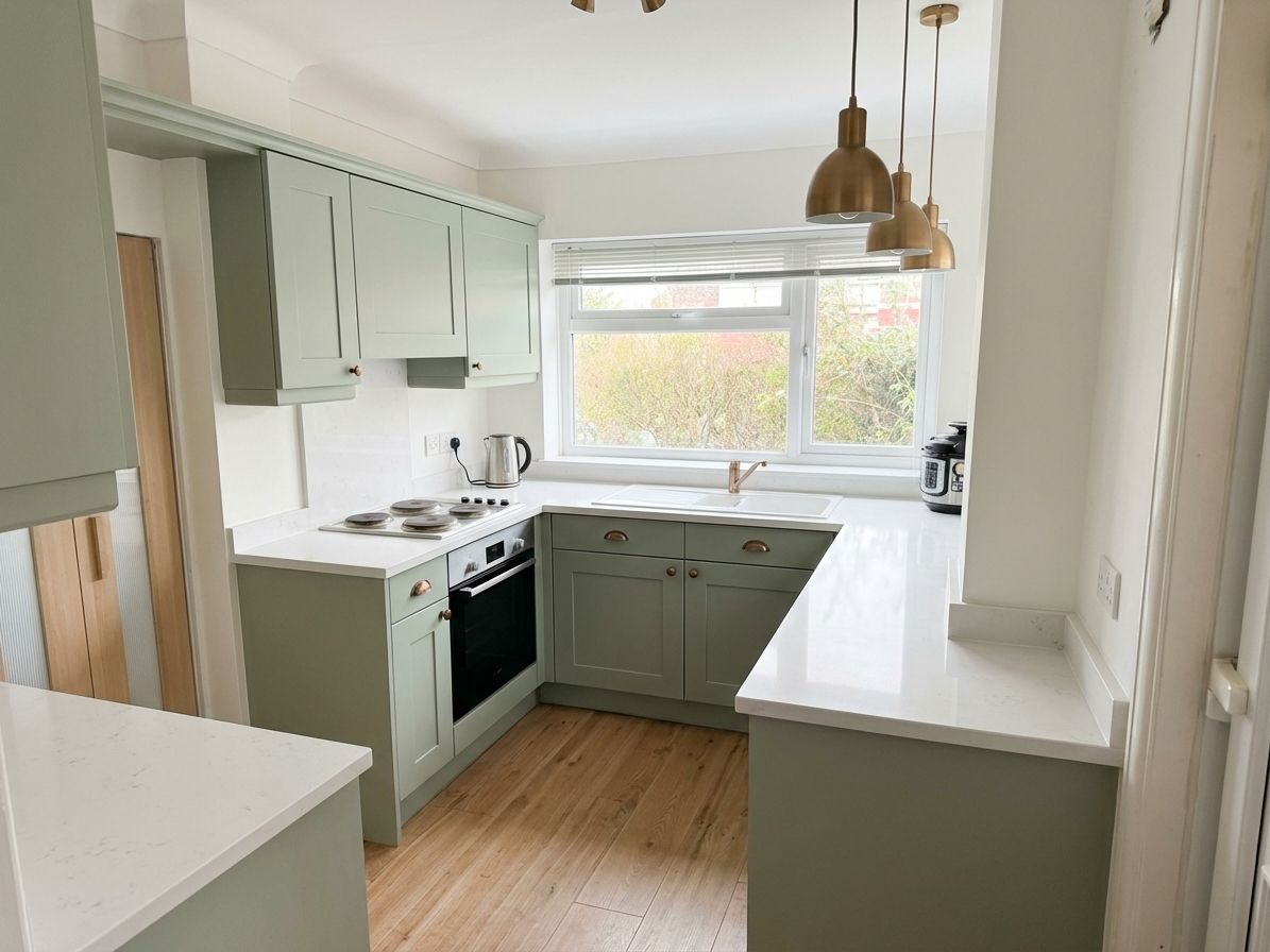 Sage green kitchen cabinets with white quartz and bronze hardware