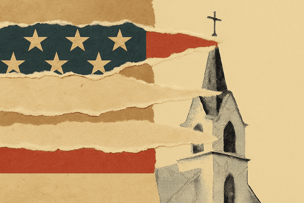 A collage-style image of a black-and-white church steeple partially obscured by torn strips of an aged American flag. The paper tears cut horizontally across the steeple, blending symbols of church and nation in a textured, vintage style.