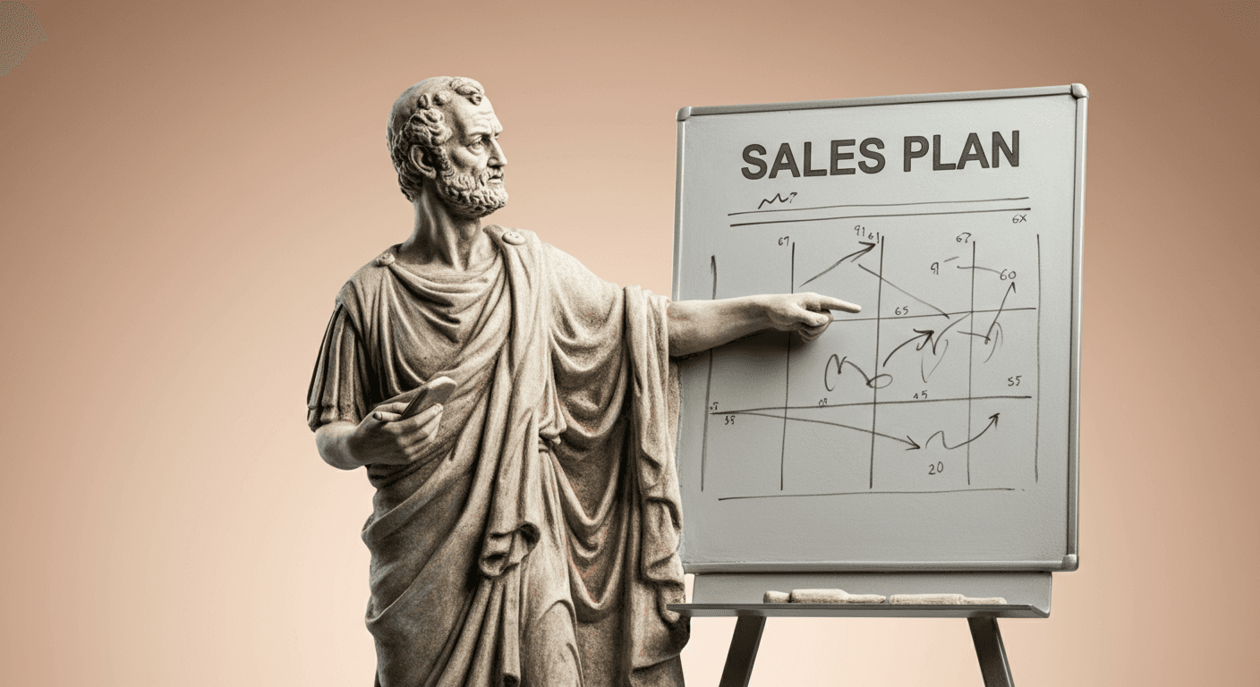 An ancient roman statue pointing to a whiteboard with the text "sales plan" on it