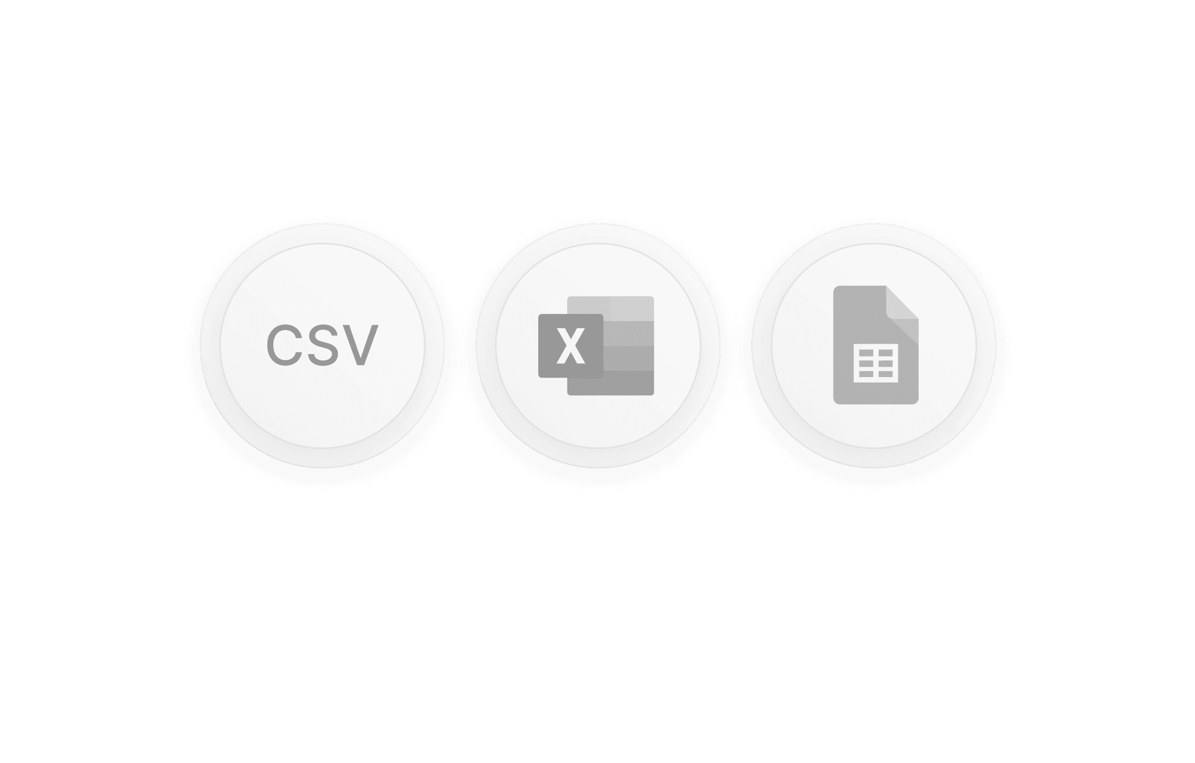 A render showing a CSV logo, a Microsoft Excel logo and a Google Sheets logo.