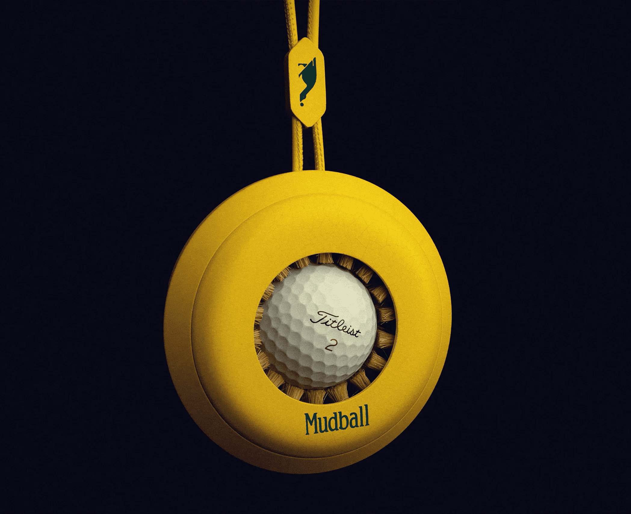 Yellow Mudball branded object displayed against a dark background