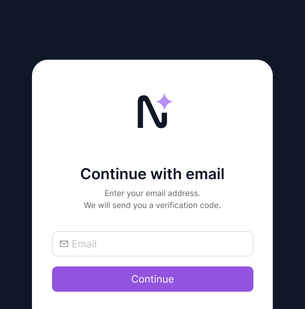 Neonify email login screen with logo, email input field and purple Continue button on dark background