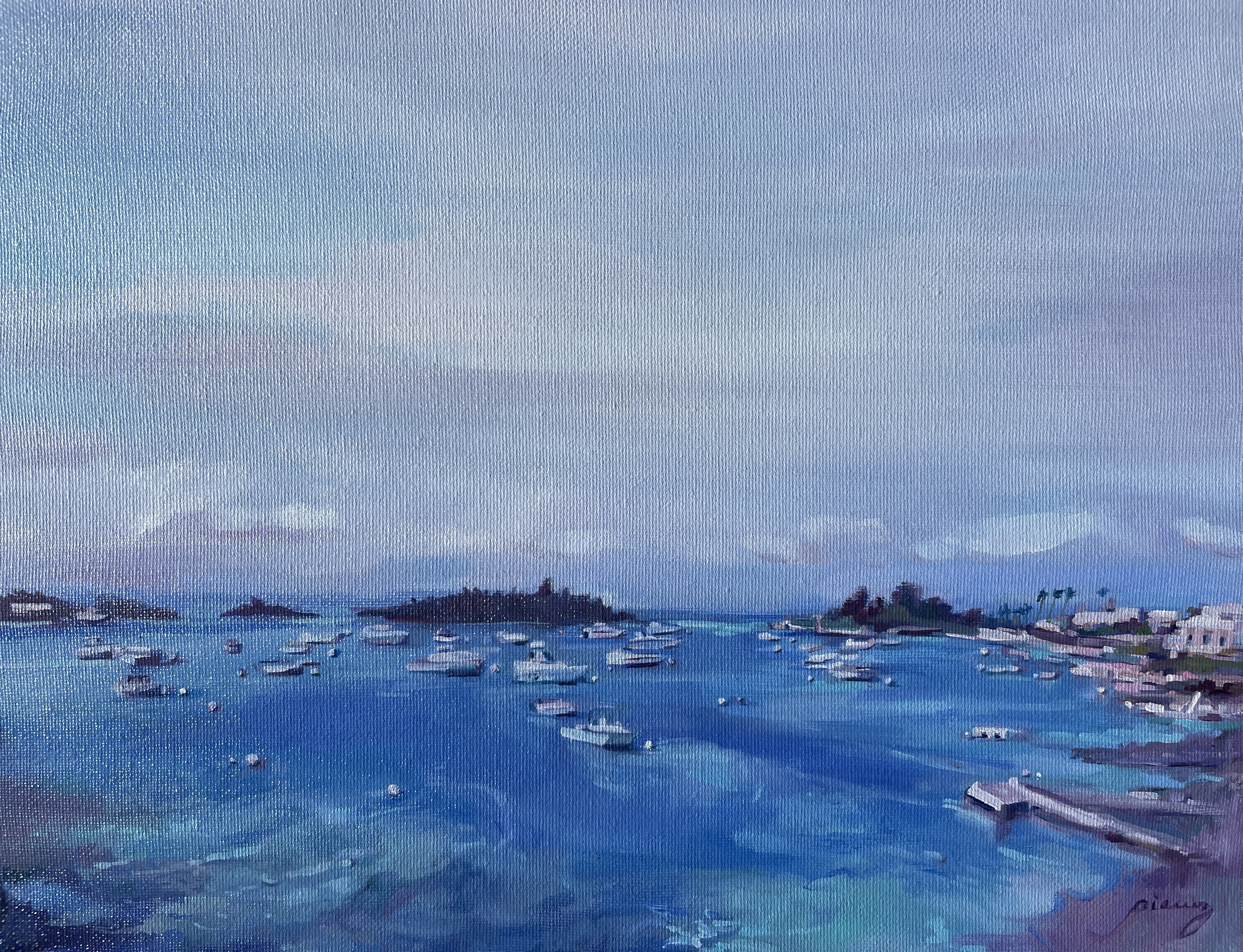 Ely's Habour Painting with blues and a calm sky