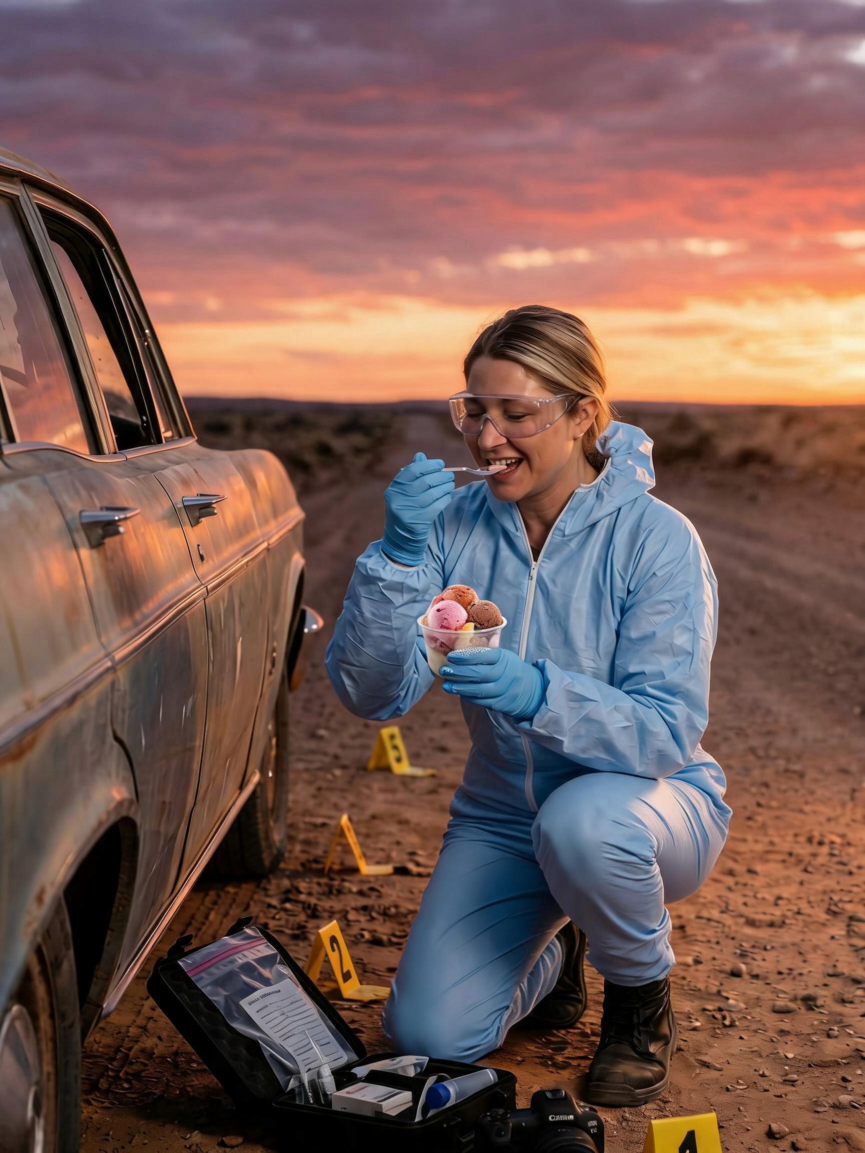 A woman forensic analyst eating a tub of ice cream at a murder scene