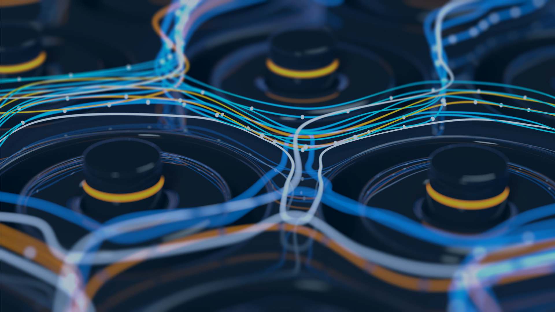 3D render of dark glossy circular modules with orange rings, linked by flowing blue, orange and white light strands