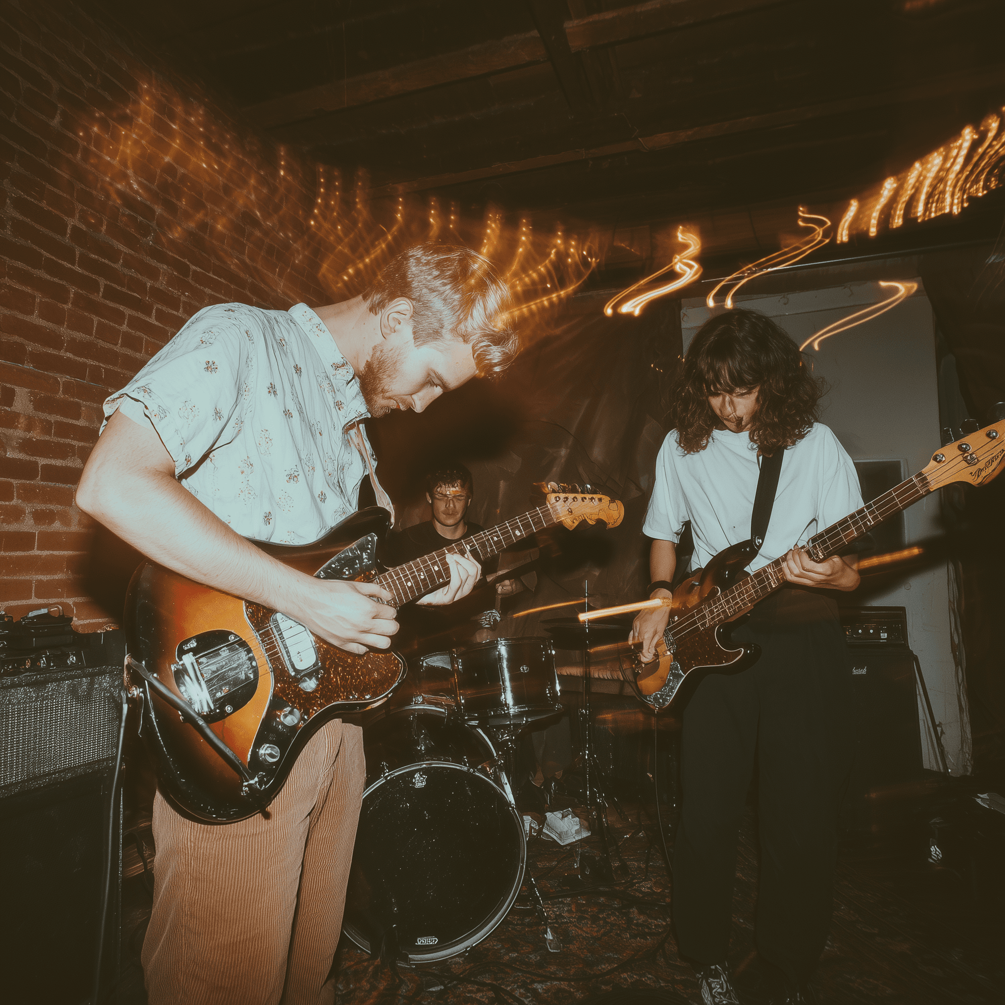 Color photo of indie band performing.