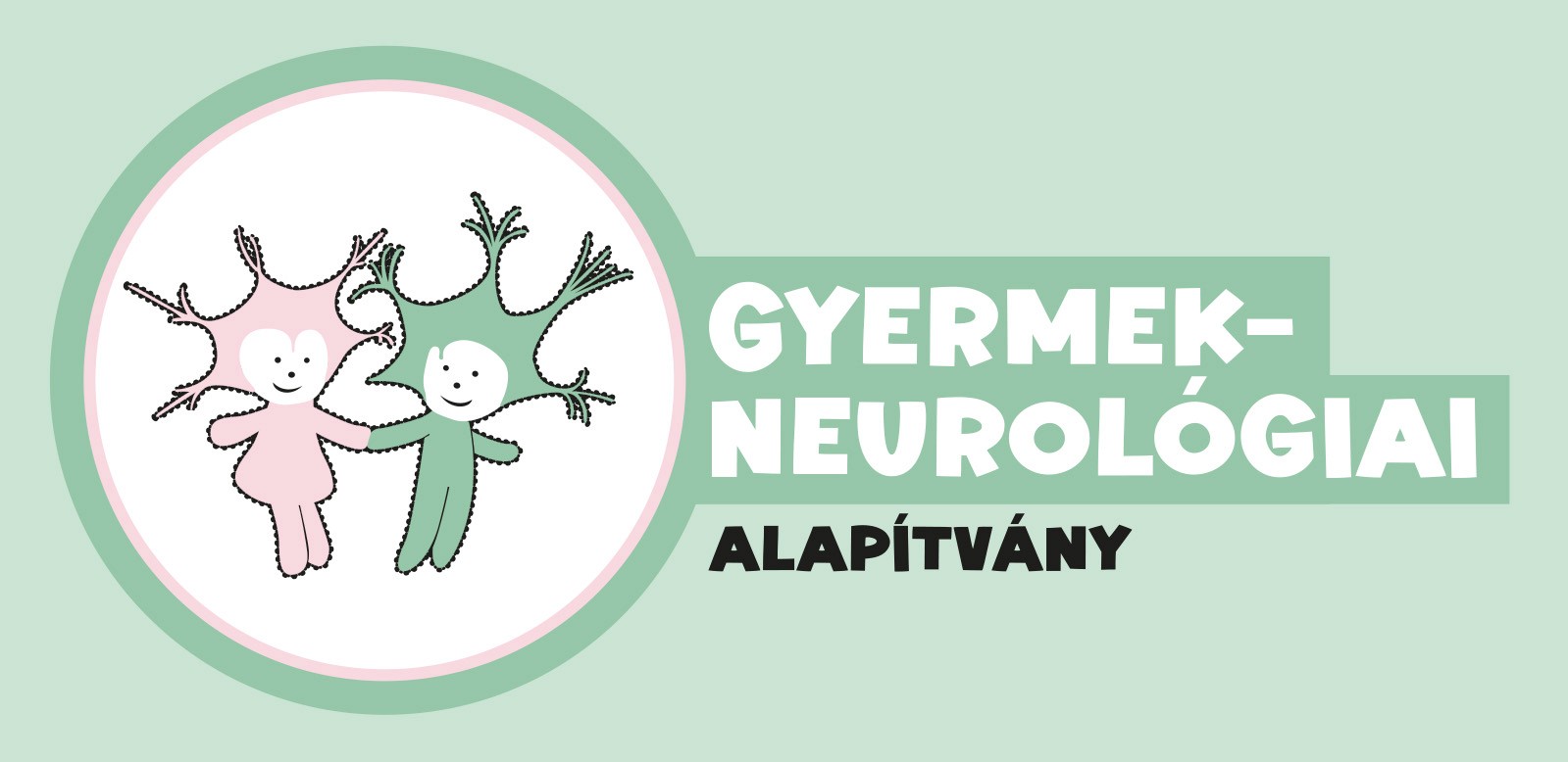 Gyermekneurológiai apalítvány logója, illusztrált kis agysejtek egymás mellett világoszöld háttéren. 