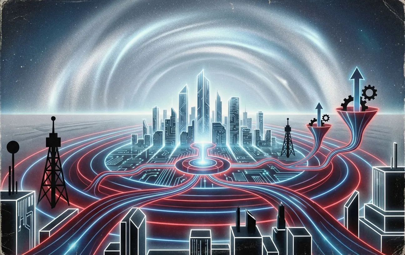 Futuristic cityscape by RockN' Socials, symbolizing digital marketing agency.