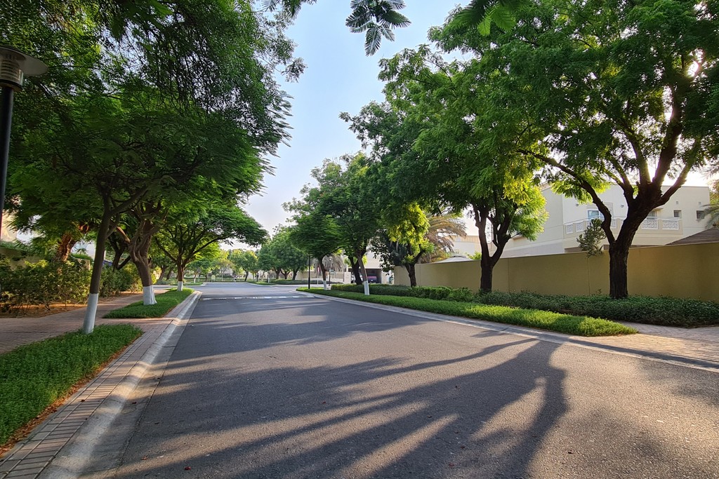 View from Palm Island Resort, capturing the lush Meadows 9 area and the surrounding Dubai skyline.