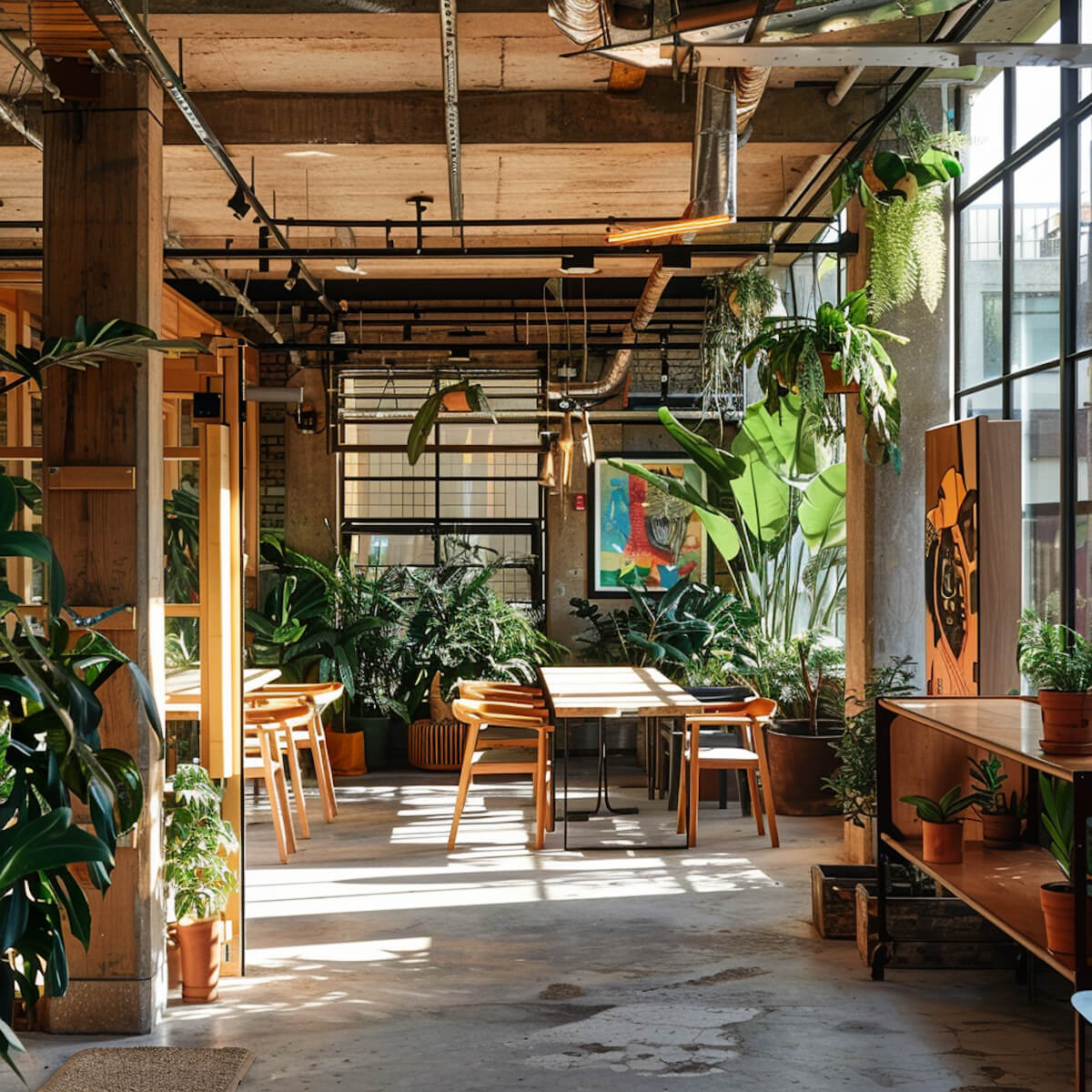 Industrial-style café workspace with wooden furniture, exposed ceiling, and abundant tropical plants