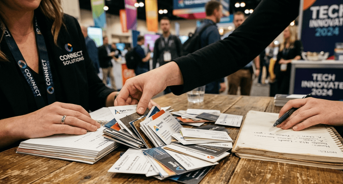 Stack of paper business cards being sorted after a networking event