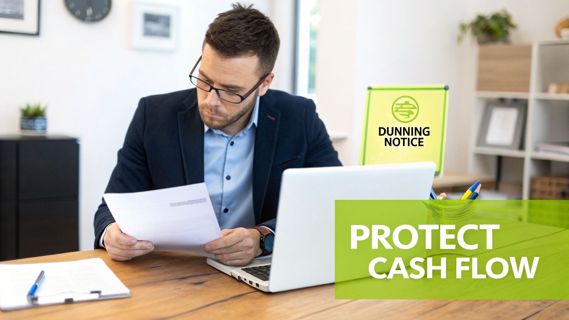 Man in glasses reading a dunning notice document at a desk with a laptop, promoting cash flow protection.