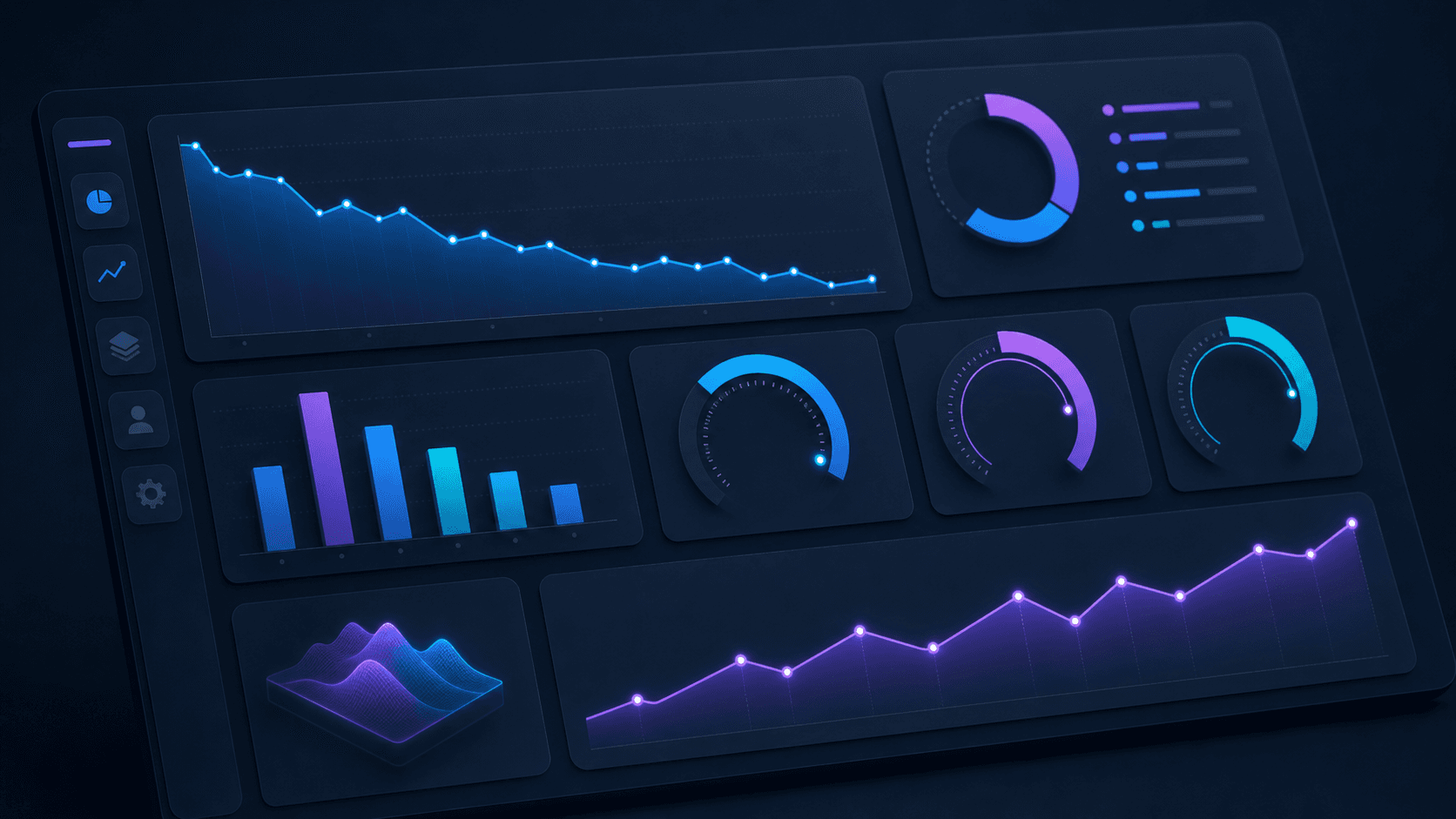 A clean, modern analytics dashboard showing service desk performance metrics. Display multiple data visualization components including: a line graph showing ticket volume trends declining over time, a bar chart comparing resolution times across different request categories, circular gauge charts showing deflection rates and capacity metrics with percentage indicators, and a time-series chart tracking agent hours recovered. Use a professional dark mode interface with blue and purple accent colors, glowing data points, and a minimalist design. Isometric perspective, corporate SaaS analytics aesthetic, no text or labels.