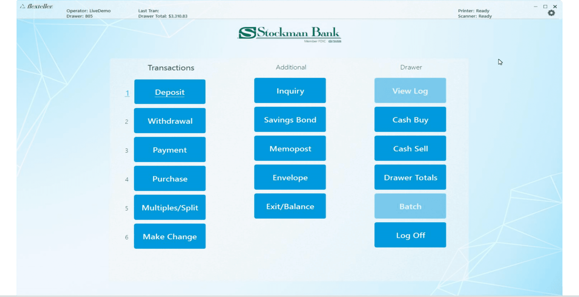 Previos design of a bank teller app's home screen.