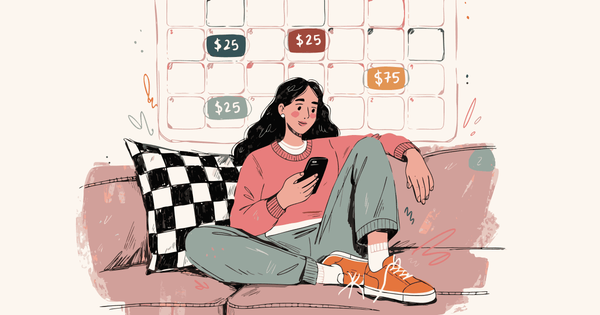 Illustration of a young woman sitting on a couch checking her phone, with a monthly calendar in the background showing Afterpay payment amounts on different dates