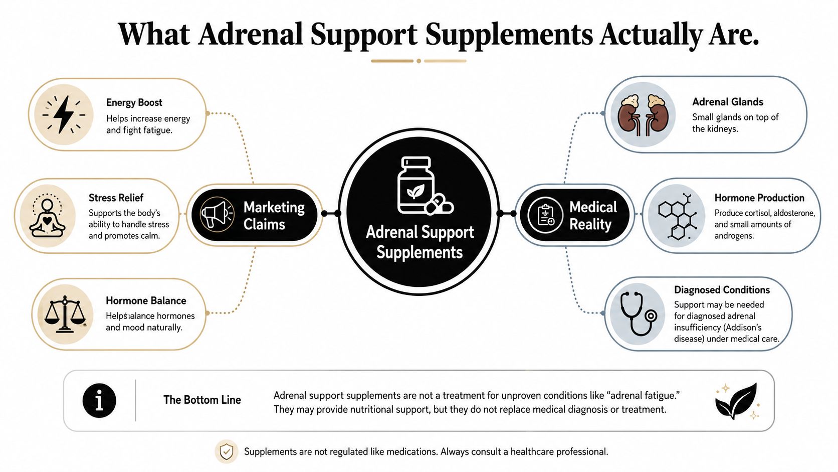 An infographic comparing marketing claims about adrenal support supplements with the reality of medical knowledge.